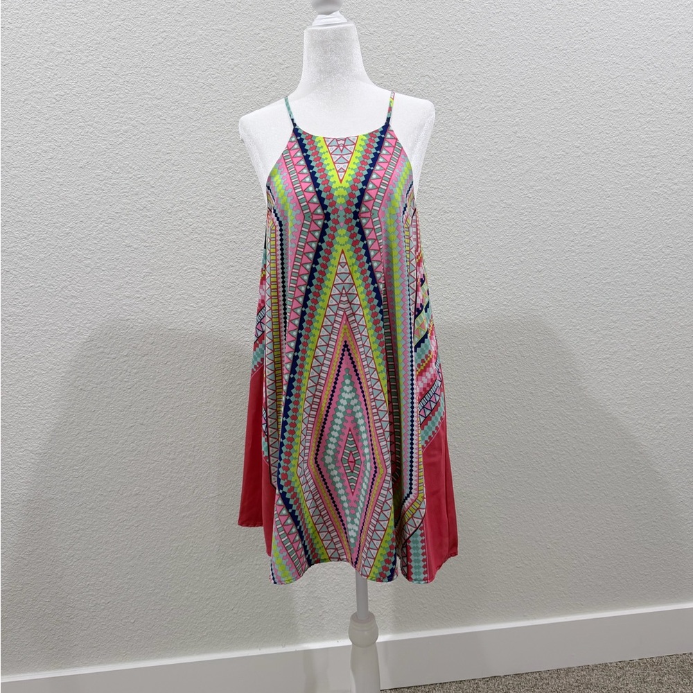 Sleeveless Pink & Multicolor Geometric Swing Dress